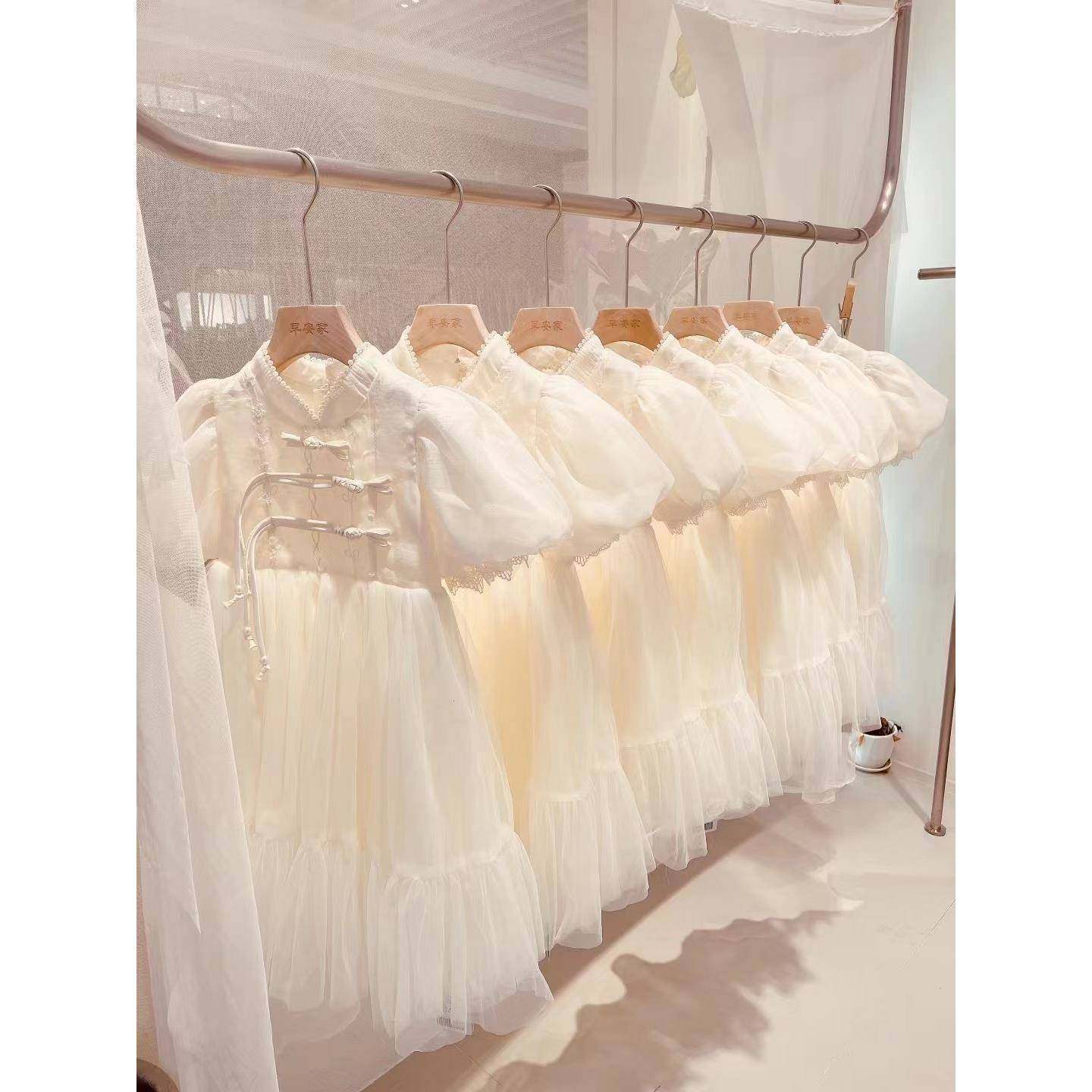 早安家女童公主网纱连衣裙夏装新款韩版泡泡袖杏色礼服旗袍生日裙