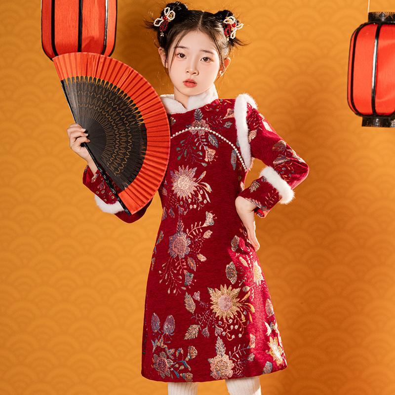 儿童旗袍红色小女孩新年拜年服女童唐装新中式连衣裙冬季过年衣服