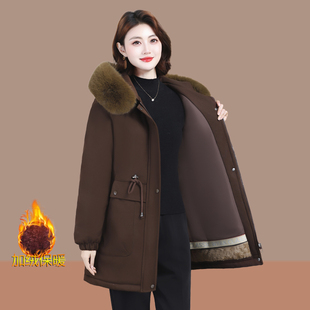 加绒加厚保暖中长款 中老年女装 妈妈装 毛领派克服冬季 棉服外套 时尚