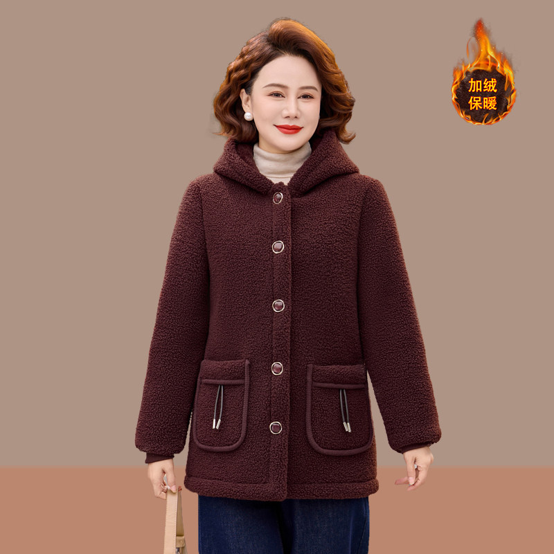 中老年女装羊羔绒连帽外套加绒加厚保暖妈妈装洋气上衣颗粒绒棉衣