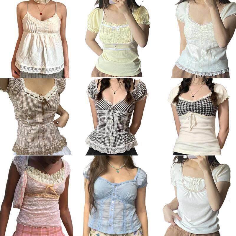 Y2K Fairycore Grunge Milkmaid Top Retro Aesthetic Kawaii Lac - 实物图