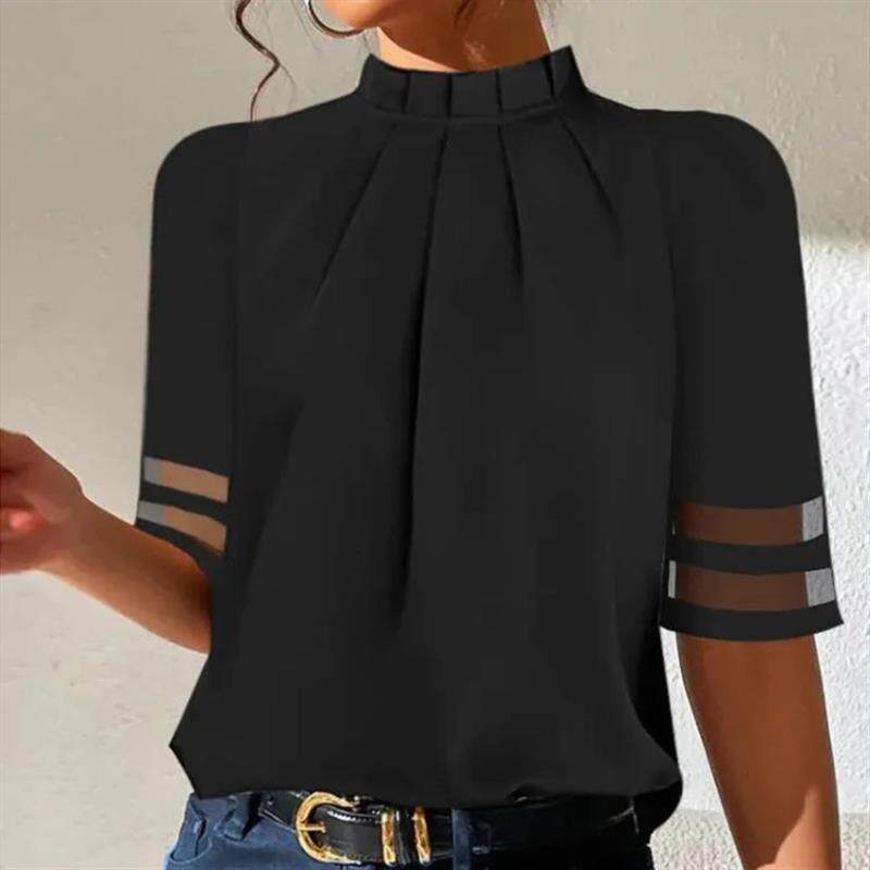 2024Summer black solid color pleated small high neck top上衣