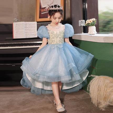 儿童礼服蓝色女童生日走秀高端公主裙花童小女孩主持人钢琴演出服