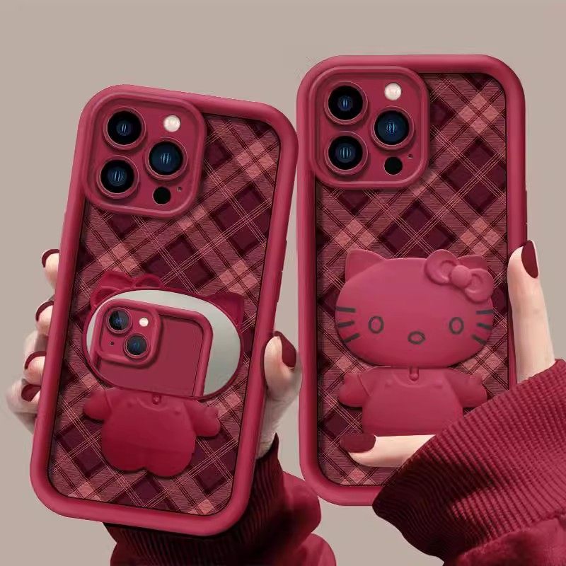 秋冬新款小羊皮布纹猫咪镜子支架适用苹果16promax手机壳pura70创意mate60全包Reno12可爱s19/x100女荣耀200,3C数码配件,手机保护套/壳,淘宝优惠券,粉丝福利购,淘宝优惠卷