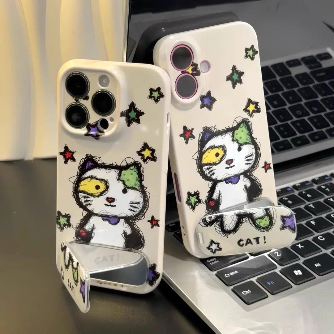 潦草星星小怪猫适用苹果16手机壳华为mate70新款荣耀400可爱vivo S30全包OPPO Reno14超火小米15情侣红米K80