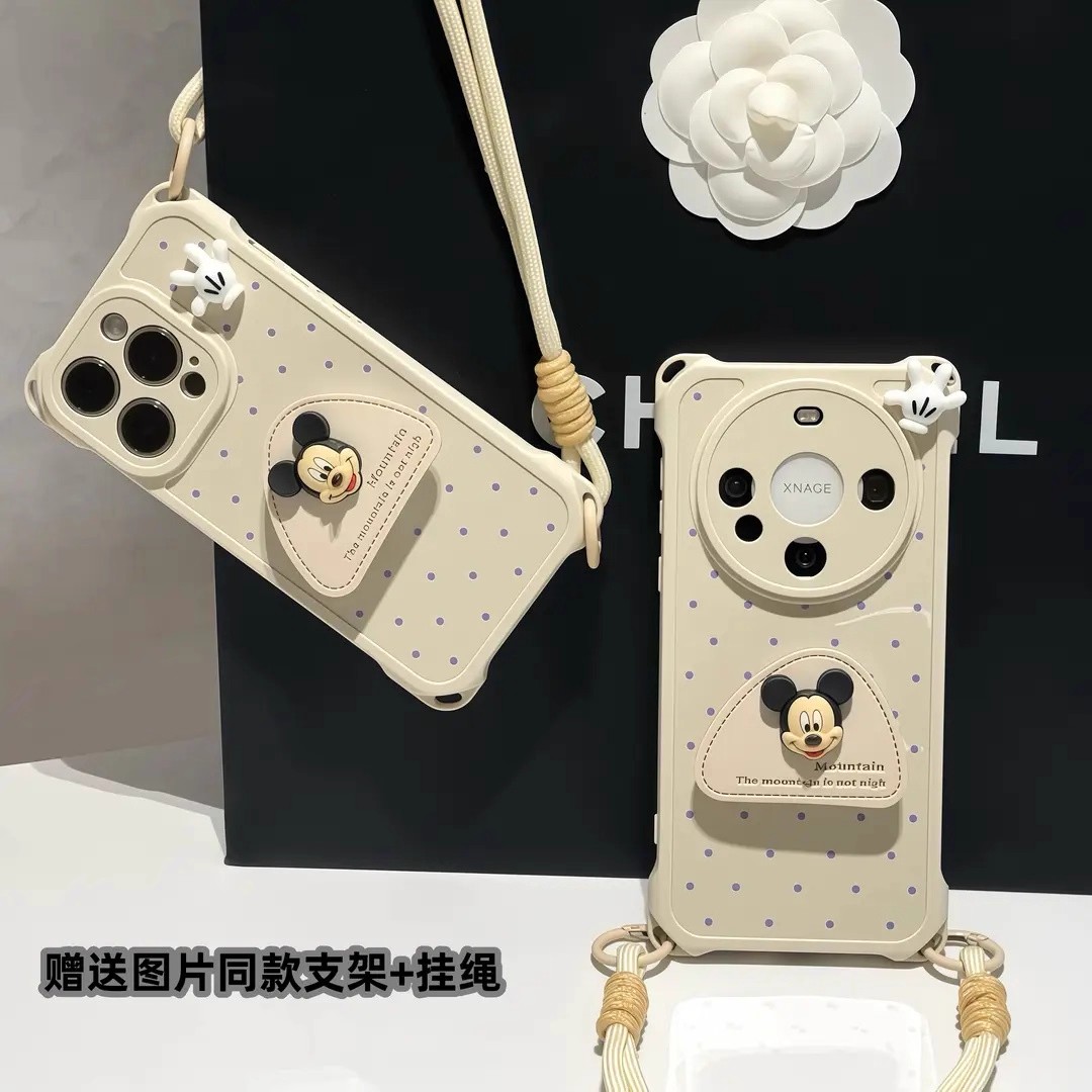 ins波点适用苹果16ProMax四角挂绳壳华为Pura80Pro女荣耀400潮vivoS30新oppoReno14软小米15米奇支架红米K80