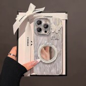 精孔羽纱珍珠镜子适用苹果16PORMAX手机壳iphone15 14pro新款 华为mate60pro手链Pura70荣耀300小米15Ren13S20