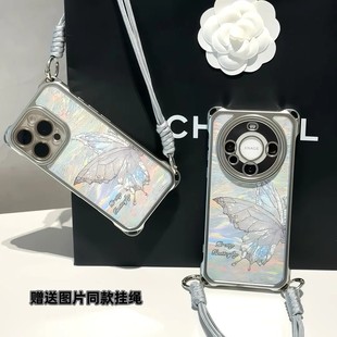 流光蝴蝶适用苹果16ProMax手机壳华为mate70新款荣耀400创意vivoS30四角OPPOReno14防摔挂绳小米15女红米K80