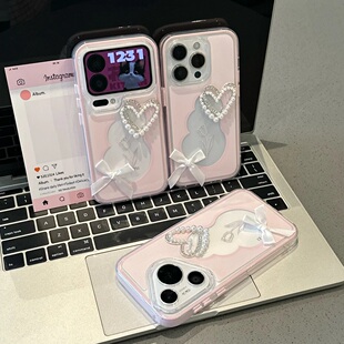 珍珠爱心蝴蝶结适用苹果17ProMax撞色大孔壳华为nova15软荣耀500贴件vivoS50新OPPOReno15粉小米17潮红米K90