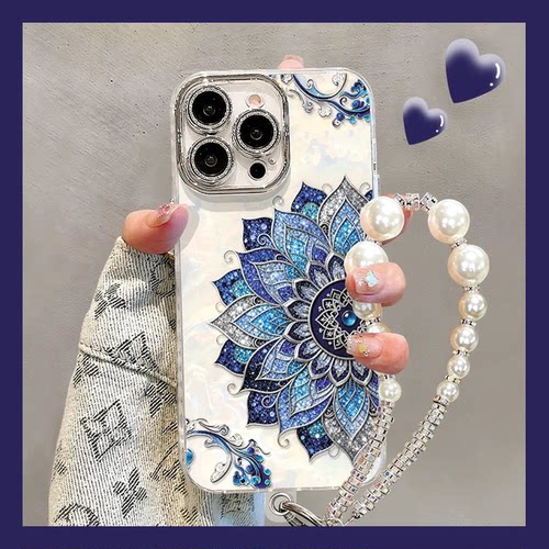 复古蓝莲花轻奢珍珠链条温柔高级