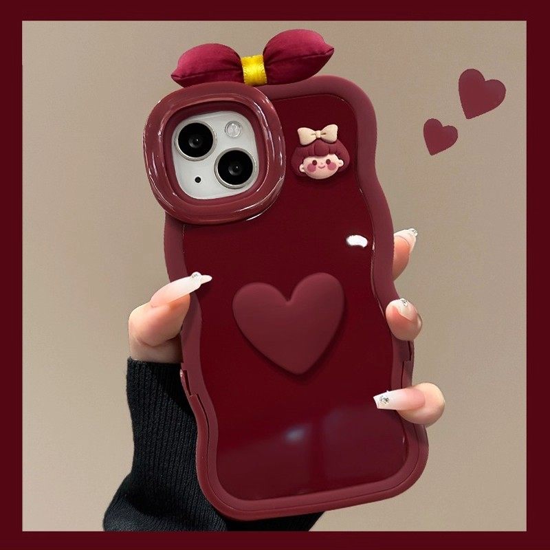 酒红色爱心女孩适用苹果17ProMax板凳双支架壳iPhone16/15Plus蝴蝶结iPhone14/13/12/11新款女全包保护套Air