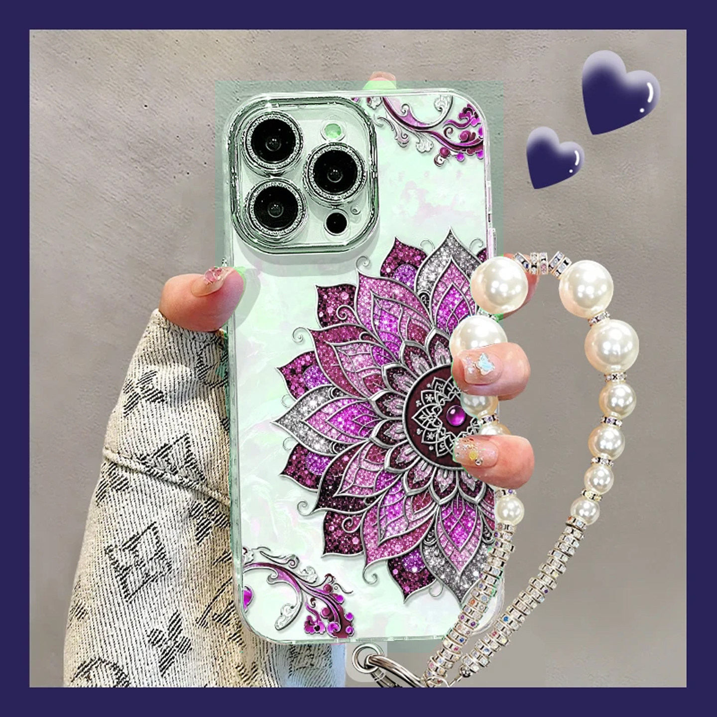 复古紫莲花轻奢珍珠链条温柔高级