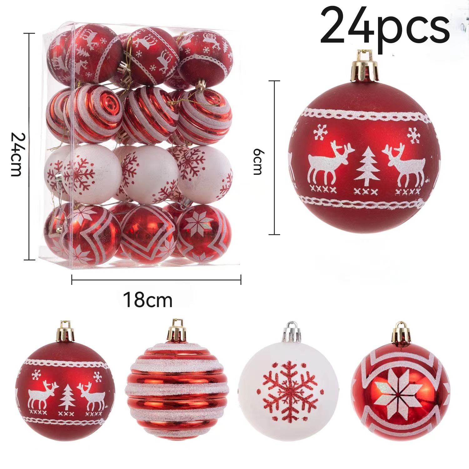 现货6cm24个 红白塑料电镀圣诞球 雪花麋鹿圣诞彩绘圣诞树挂件球