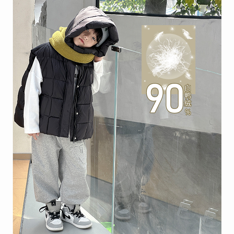 熊猫圆圆冬季新款90白鸭绒男童羽绒马甲外穿儿童秋冬连帽外套