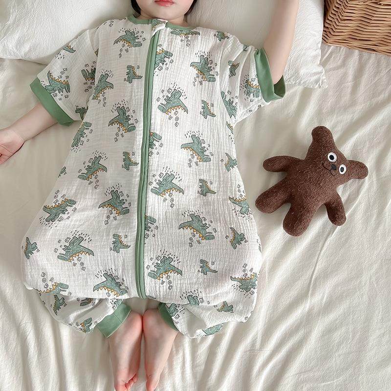 夏季宝宝短袖纱布睡袋男童女童卡通薄款纯棉双层棉纱家居服连体衣