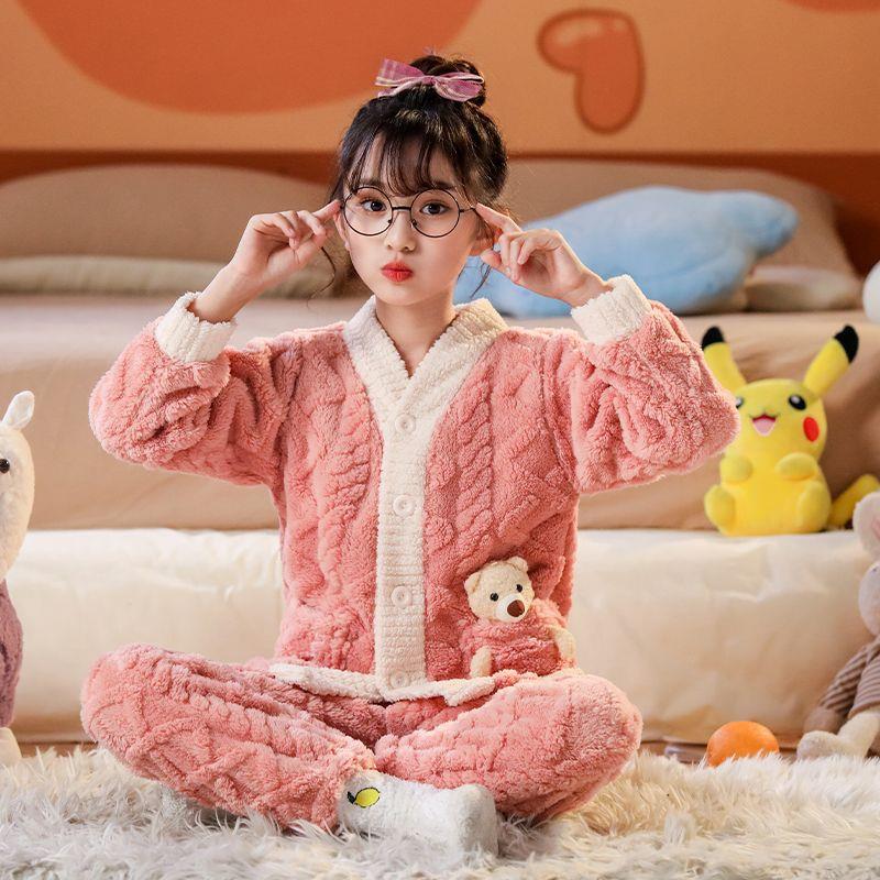 秋冬儿童法兰绒睡衣宝宝中大童珊瑚绒家居服亲子套装加厚保暖