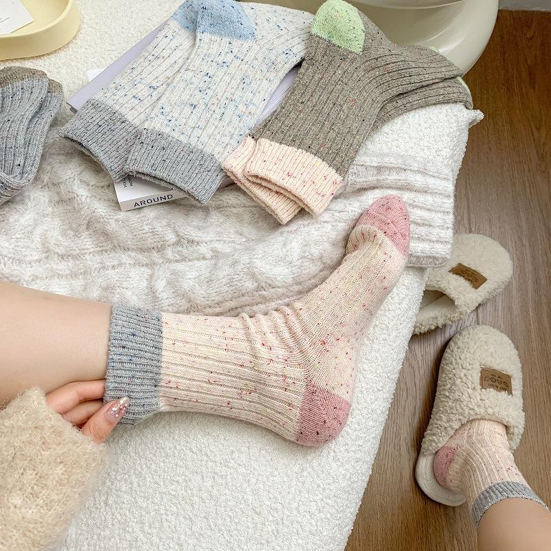 点子纱拼色羊绒袜子女中筒袜秋冬款加厚加绒保暖ins潮秋冬堆堆袜