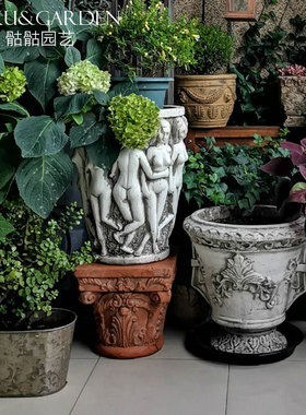 欧式罗马柱头粗陶复古做旧别墅户外装饰摆件花园庭院花盆底座摆件