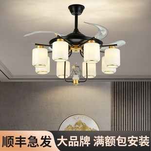 新中式客厅风扇灯餐厅大厅隐形LED带风扇吊灯卧室山水灯罩吊扇灯