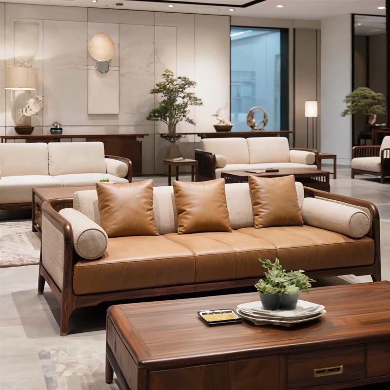 新中式北美黑胡桃实木沙发组合宋氏美学客厅真皮沙发简约三人沙发