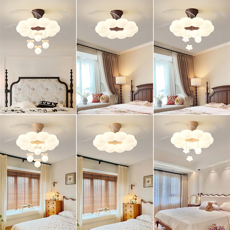 风扇灯中古风新中式胡o桃木原木花朵卧室电扇一体灯餐厅隐形扇吊