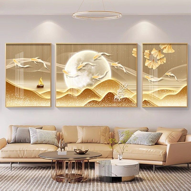 2024新款现代轻奢客厅装饰画大气沙发背景墙挂画山水画三联墙壁画,家居饰品,现代装饰画,淘宝优惠券,粉丝福利购,淘宝优惠卷