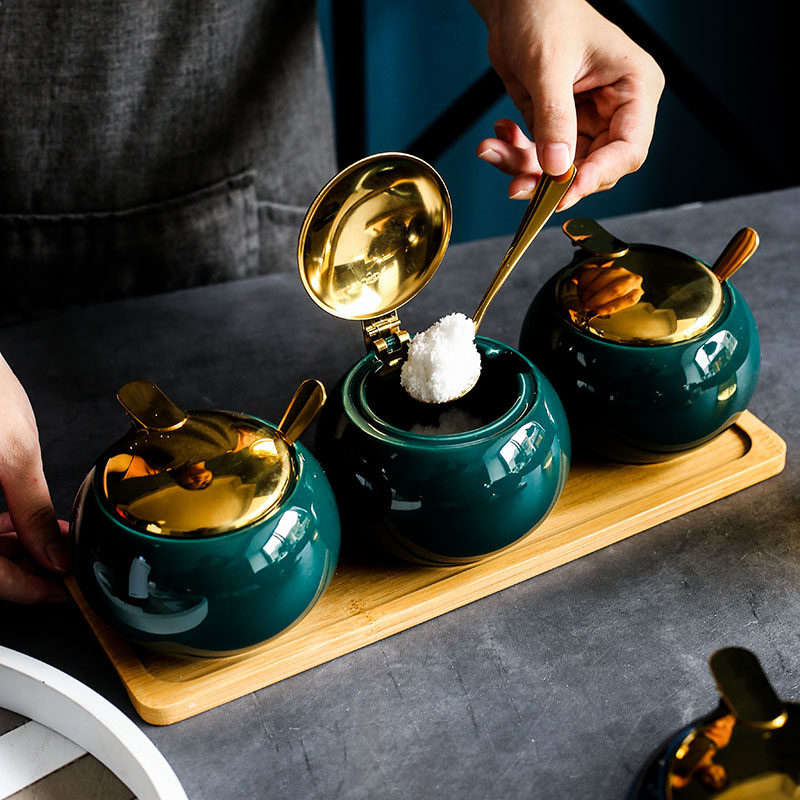 轻奢调味调料油泼辣子罐翻盖厨房盒家用瓶辣椒糖盐罐陶瓷罐子套装