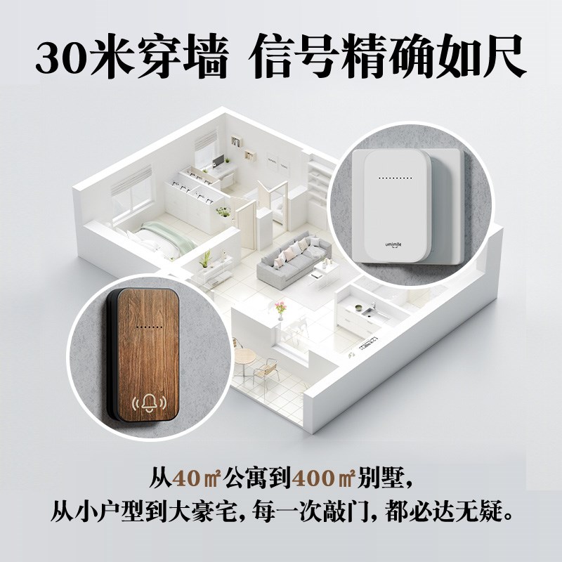 复古木纹门铃家用无线自发电门铃入户门商品房R远距离大音量一拖