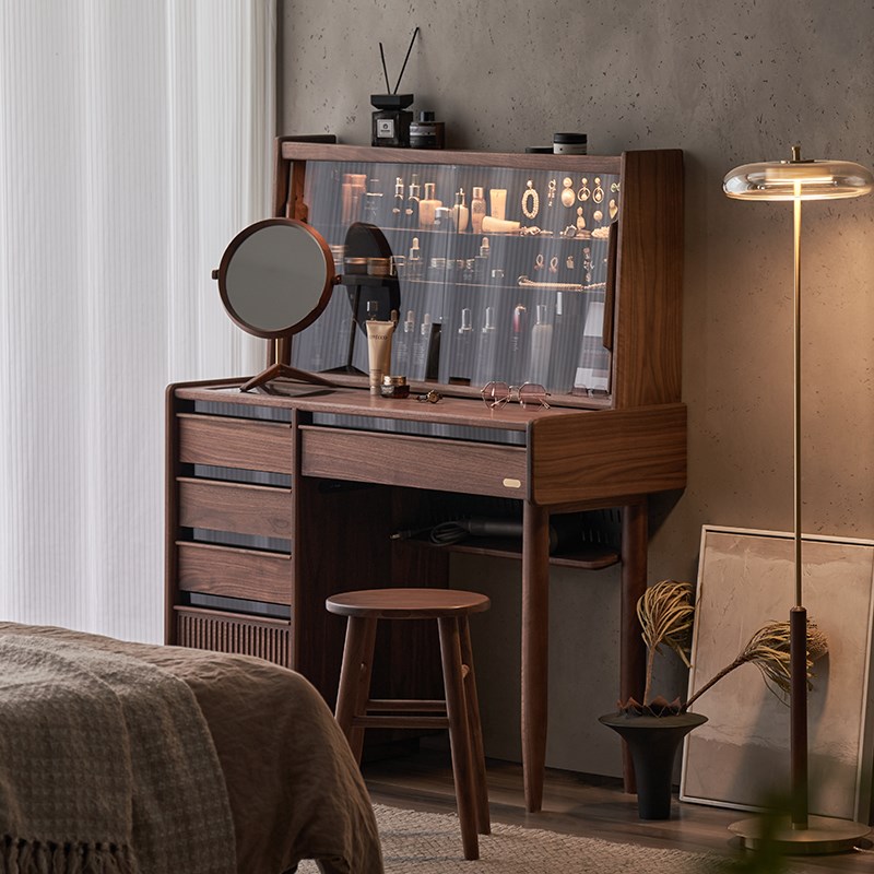 实木梳妆台卧室大容量化妆桌黑胡桃木化妆柜卧室多功能收纳柜书桌