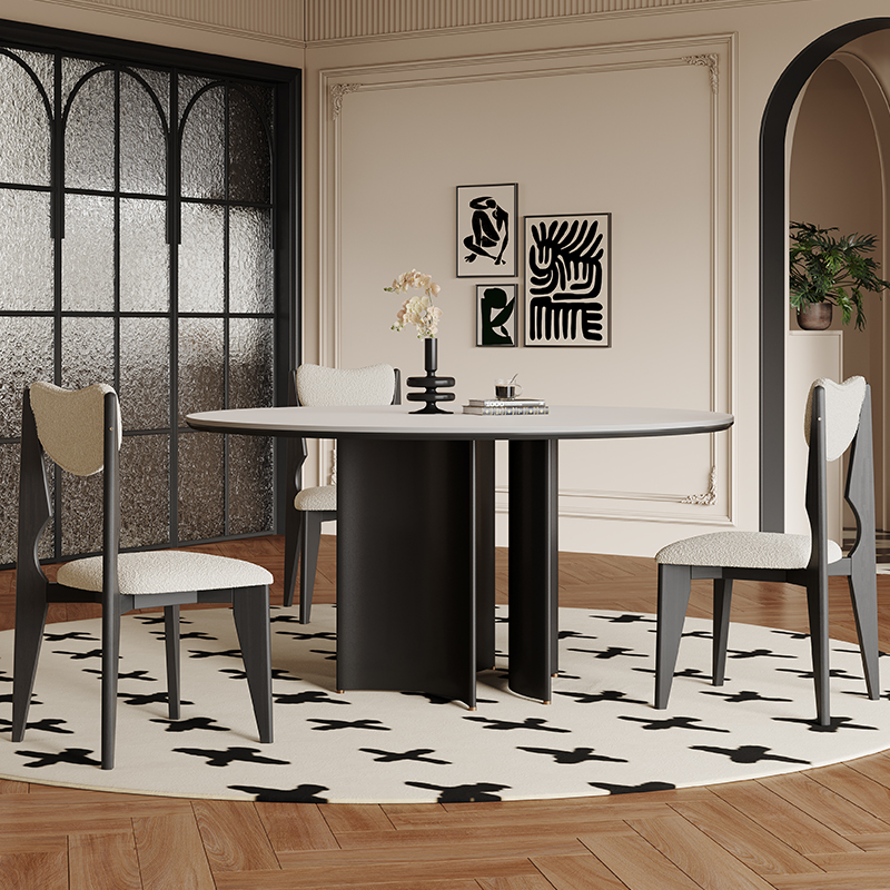 意式实木圆c形餐桌轻奢现代简约小户型家用8人黑色复古岩板圆桌