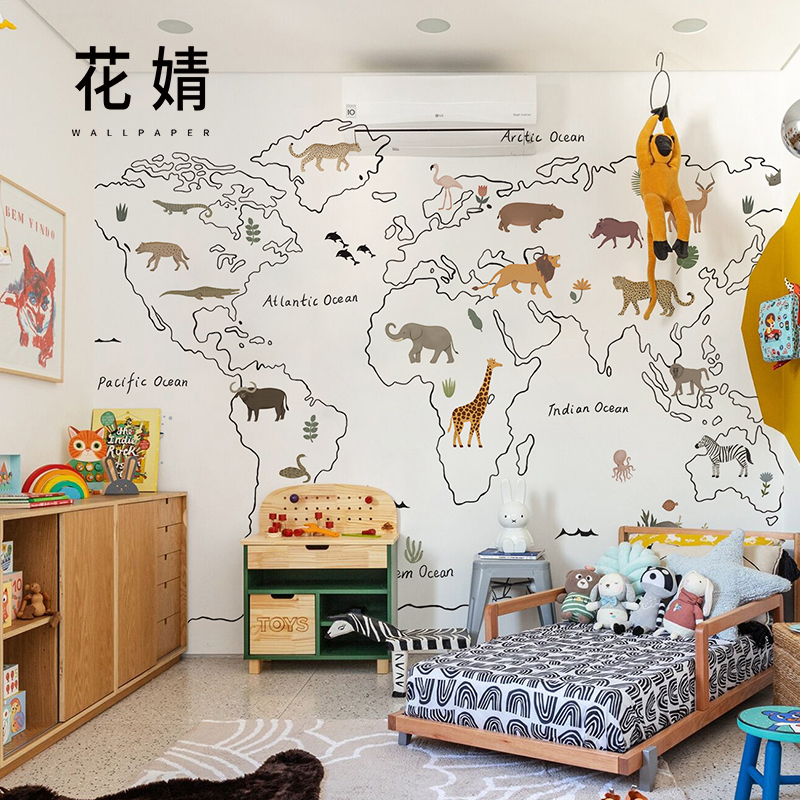 动物世界儿童房墙布现代手绘卧室背景墙壁画定制满屋无缝壁纸壁纸