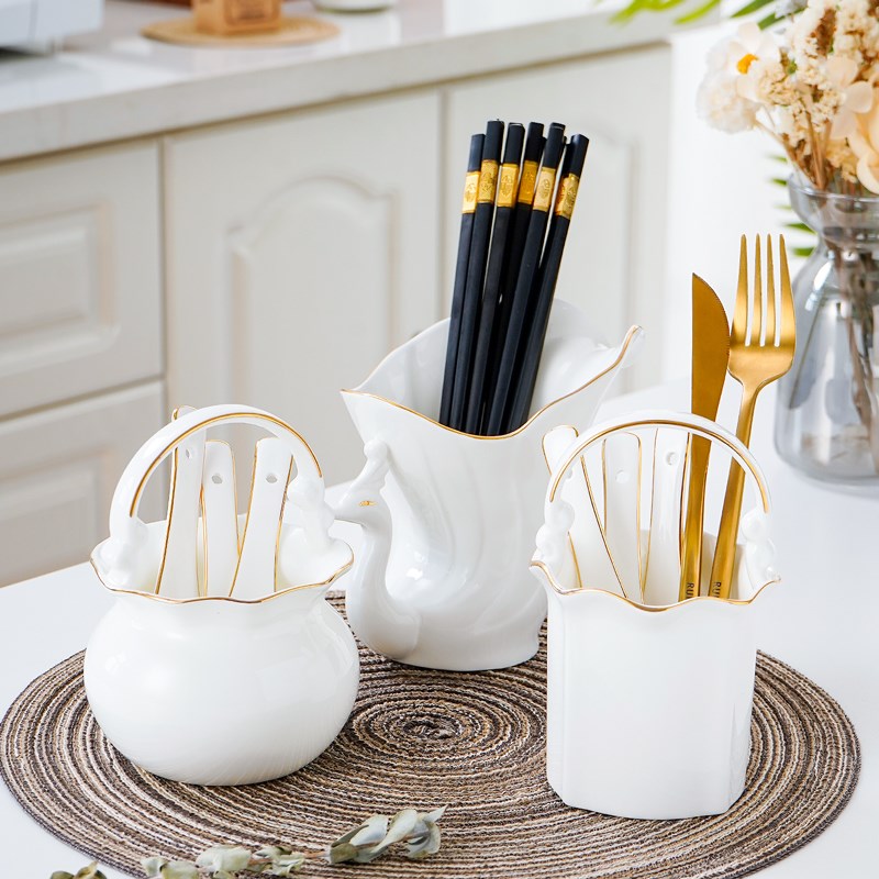 唐山骨瓷筷子g筒家用描金筷篓厨房筷子收纳架沥水花篮叉勺置物架