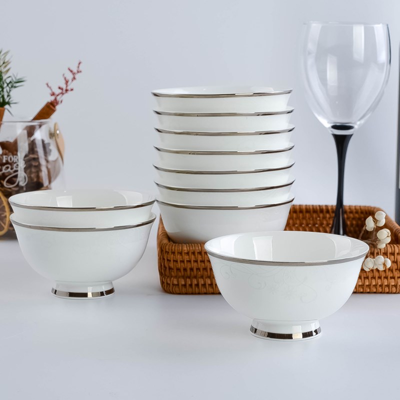 骨瓷碗10个装高脚碗4.r5英寸米饭碗家用富贵碗小汤碗陶瓷碗餐具套