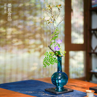 孔雀蓝花瓶摆件新中式 插花器皿 日式 玻璃透明琉璃花器客厅禅意中式