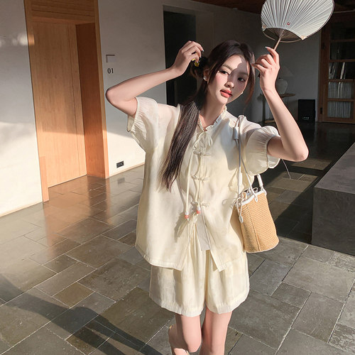 现货！两色入 新中式套装女夏盘扣娃娃衫+短裤w324-p135-k188