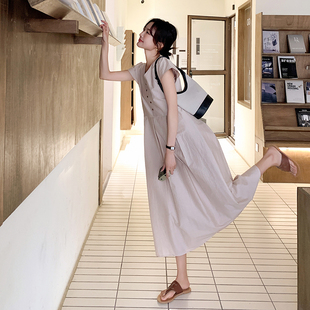 连衣长裙5052P120K188 复古纯色纽扣半开V领短袖 现货主推 法式