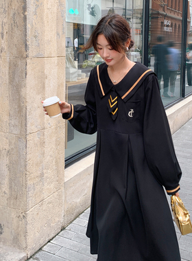 现货 秋季学院风海军领黑色显瘦连衣裙 2C206-L12-P135-K188