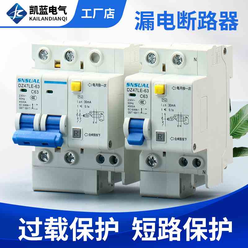 家用空开小型断路器空气开关DZ47LE-63A漏电保护器1P2P3P4P电闸