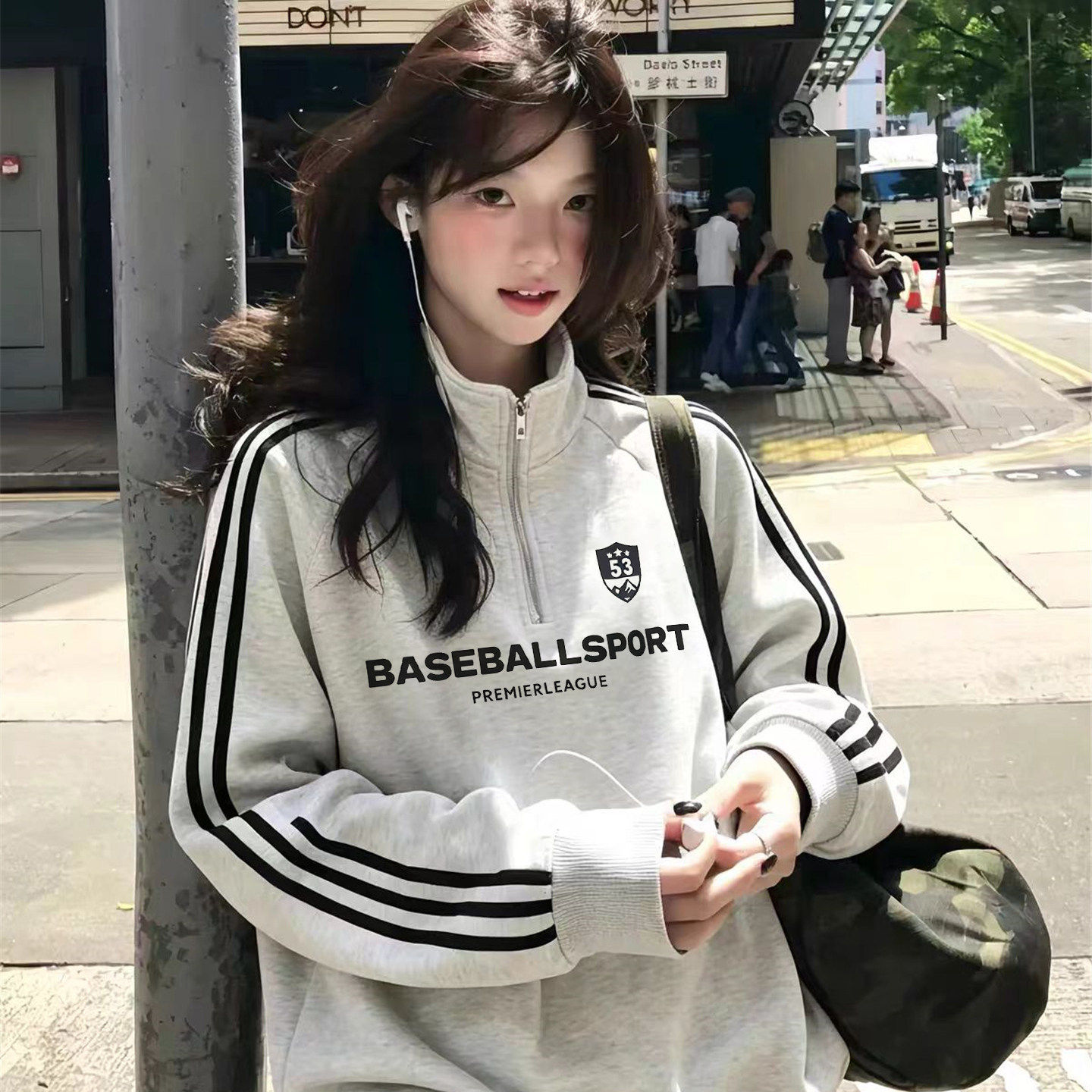美式学院三条杠立领半拉链卫衣女2026秋冬新款宽松百搭设计感外套