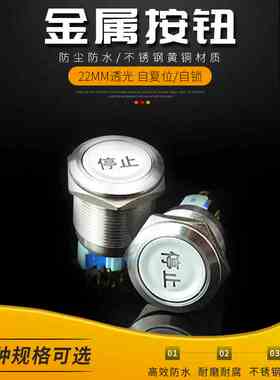 22mm金属按钮LED带灯开关透光自复 自锁平面文字发光6V12V48V220V