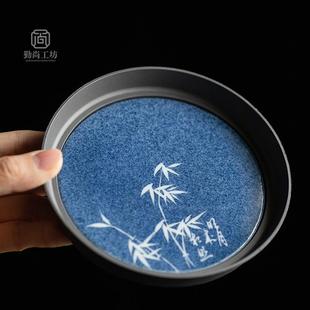 洒蓝手绘文竹壶承陶瓷养壶垫小茶承茶道配件盖碗底托家用水果盘