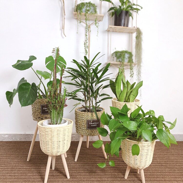 落地草编花架玉米皮藤编花篮筐室内绿萝收纳田园花筐子厂家直销