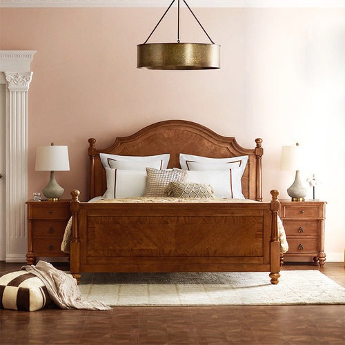 美式床轻奢实木床法式复古乡村橡木1.8米双人床北欧简约家具全屋