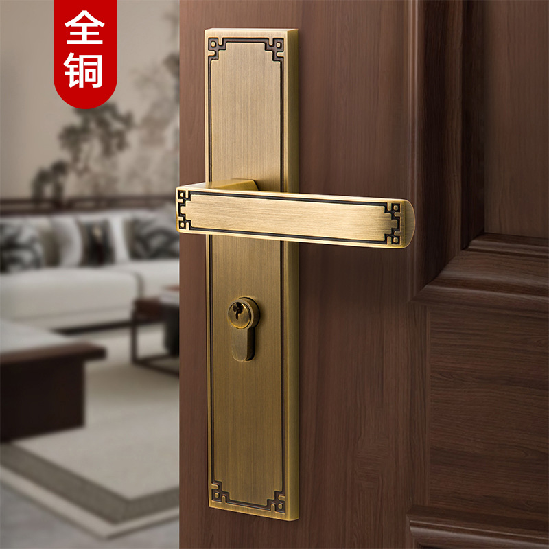工厂货源 纯铜新中式大门锁 加长对开门静音门把手室内卧室木门锁