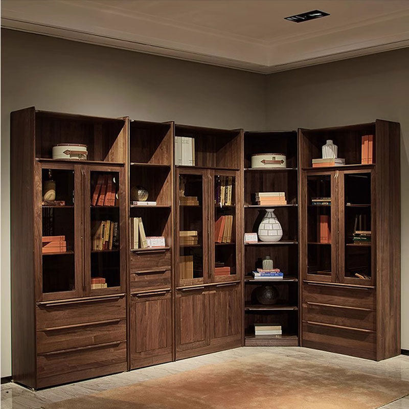 北美黑胡桃木书架储物柜家具玻璃门实木组合带门简约书房转角书柜