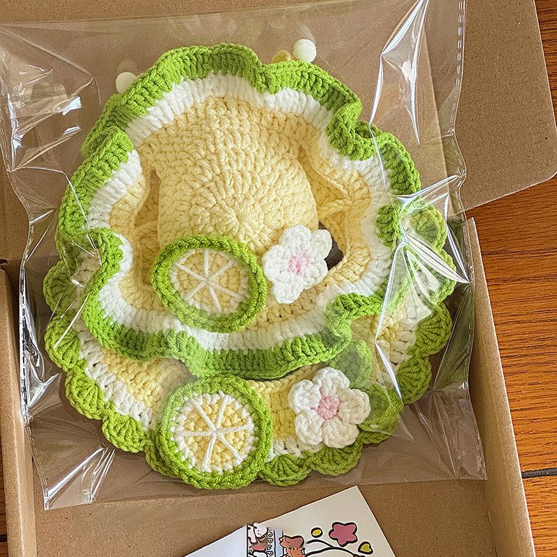 柠檬花朵猫咪帽子围脖手工钩织套装狗狗宠物头套可爱拍照针织装饰