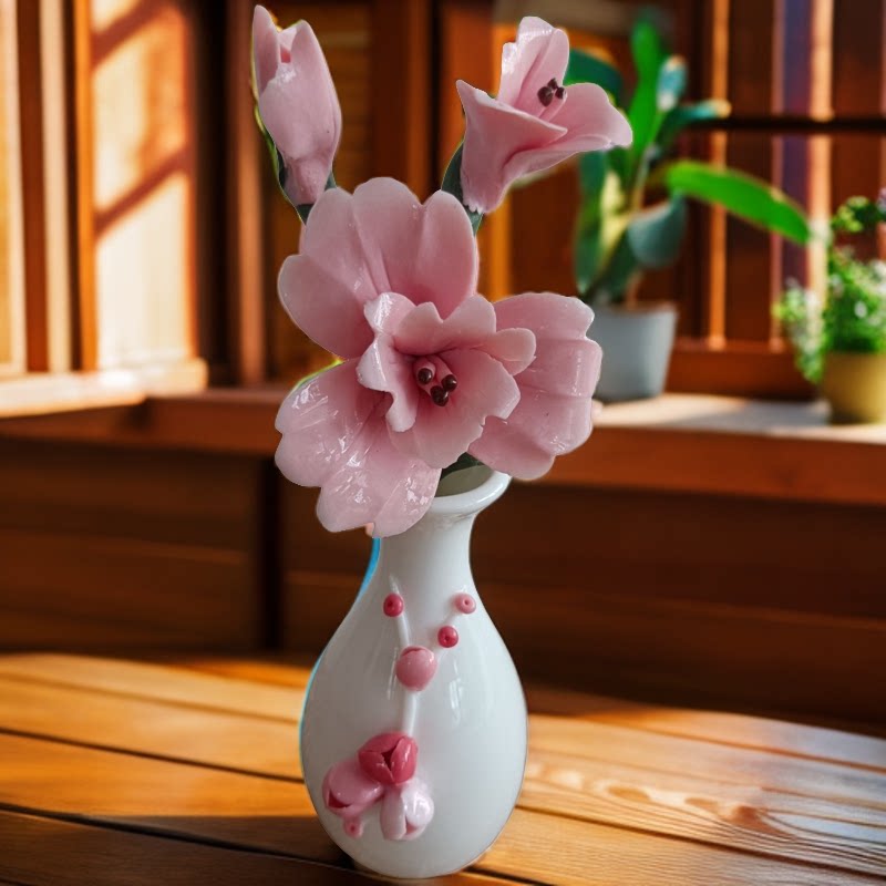 客厅桌面高级手捏陶瓷花摆件文艺插花仿真百合花居家装饰瓶