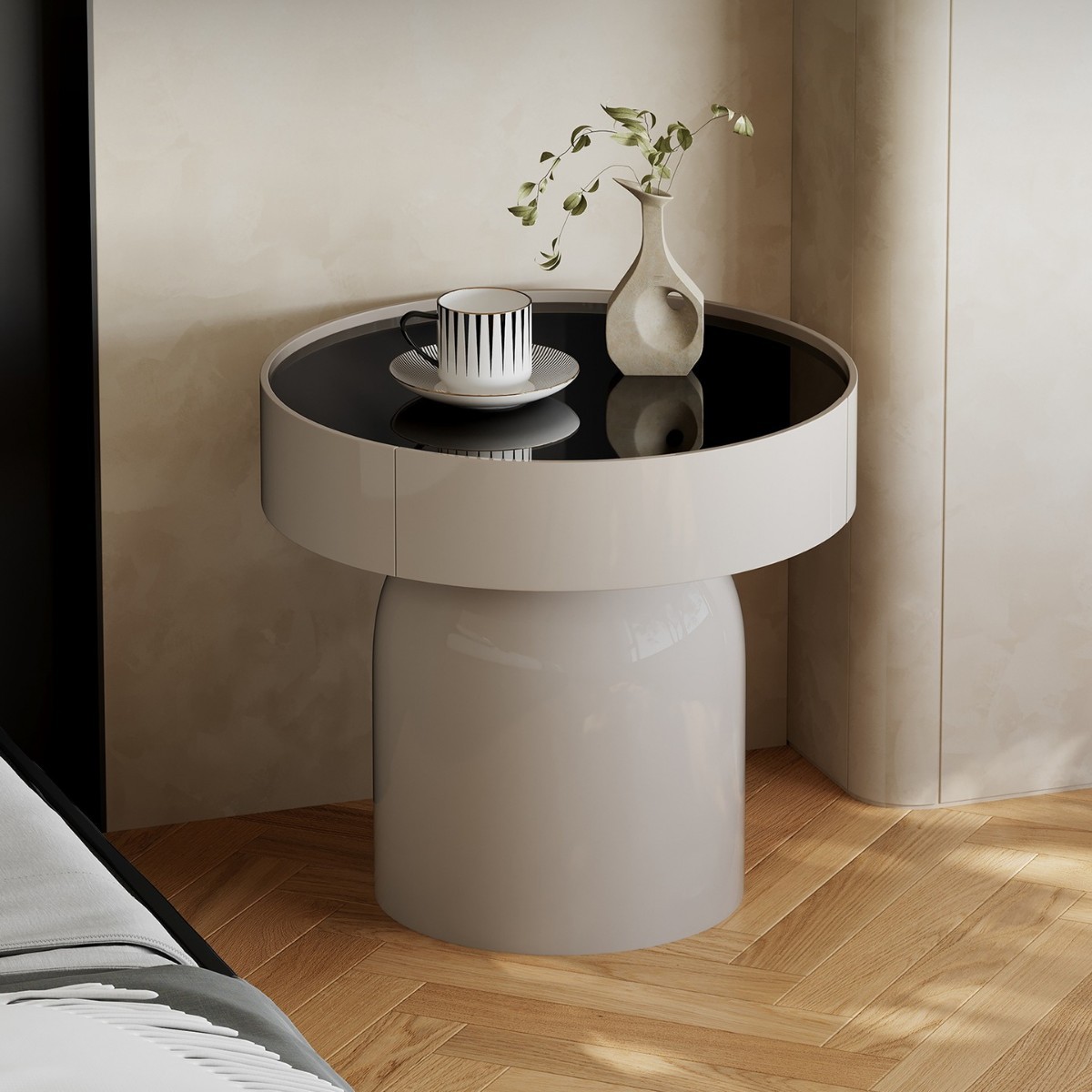 意式极简床头柜高亮光烤漆床边柜储物收纳卧室圆形高端沙发边几柜