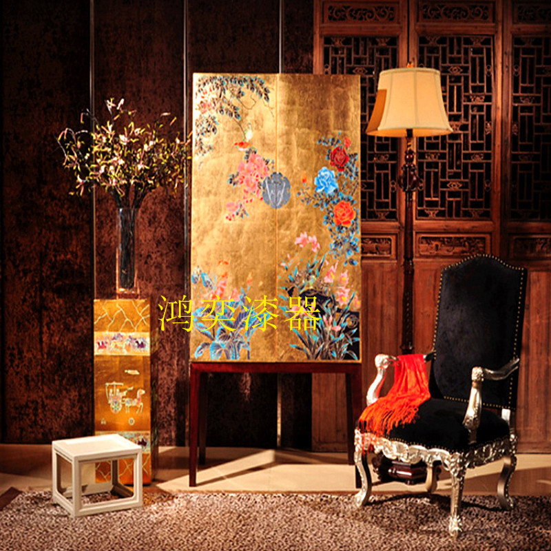 贴金彩绘漆器2门柜高柜衣柜玄关柜创意新中式实木漆器画家具厂家