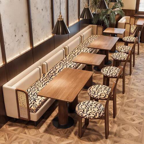 法式实木编藤卡座商用餐椅